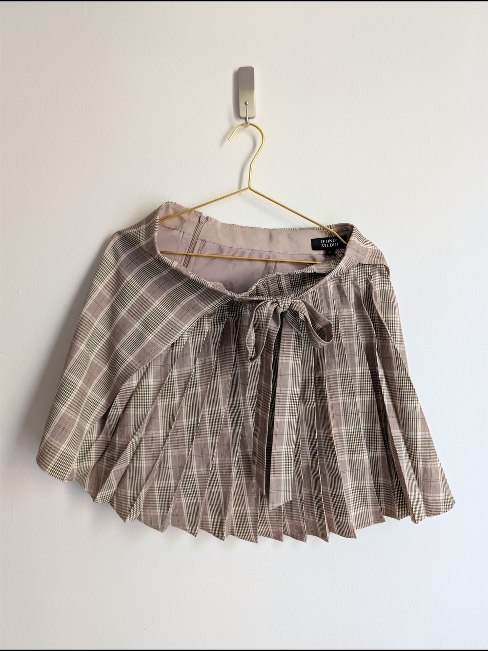 Pleated Plaid Bow-Front Skirt - Beige